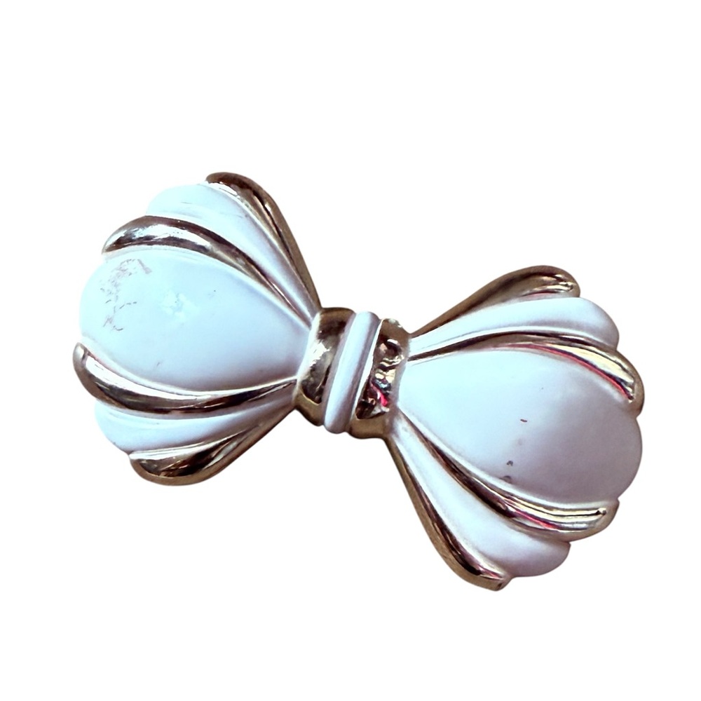 Vintage White & Gold French Bow Barrette at 4” Long, Metal Hair Clip, Deadstock